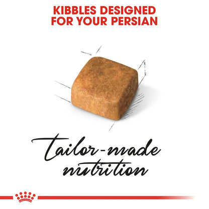 Cat food kibble with text 'Kibbles Designed for Your Persian' and 'Tailor-made nutrition' on a white background.