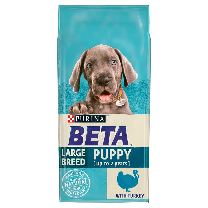Purina Beta Large Breed Puppy food package with a puppy on a blue background