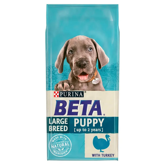 Purina Beta Large Breed Puppy food package with a puppy on a blue background