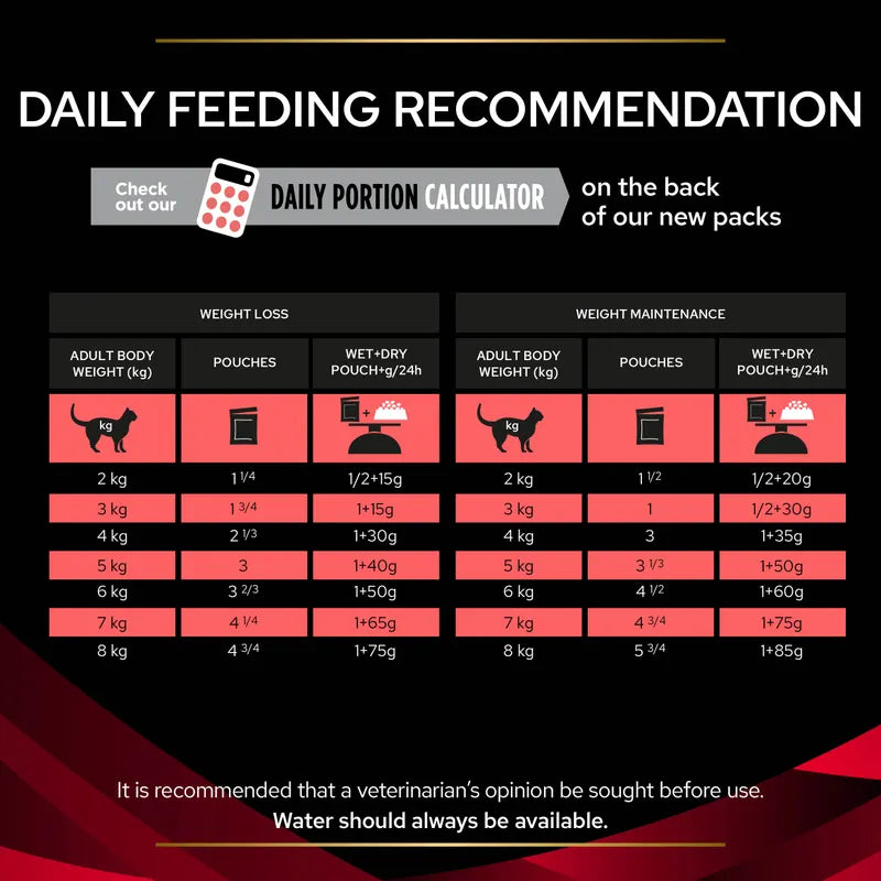 Daily feeding recommendation chart for pets with weight loss and maintenance guidelines.