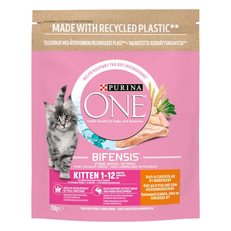 Purina One Bifensis Kitten food package on a white background