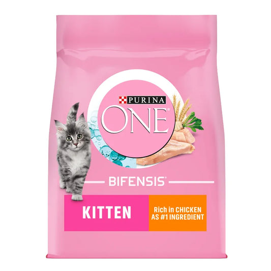 Pink package of Purina One Bifensis Kitten food with a cat on a white background
