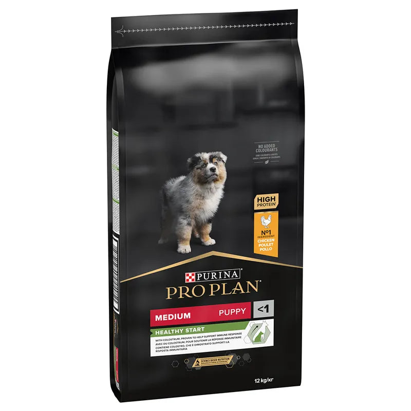 Purina Pro Plan dog food package for medium puppies on a white background