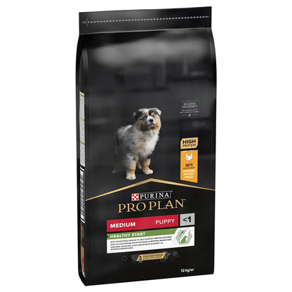 Purina Pro Plan dog food package for medium puppies on a white background