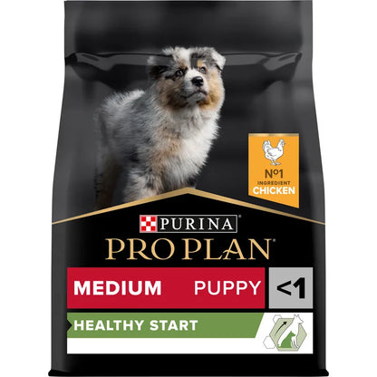 Purina Pro Plan dog food package for medium puppies on a black background