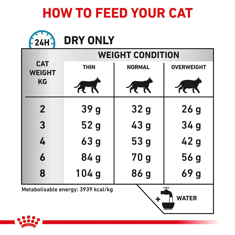 Feeding chart for cats with weight conditions and dry food amounts.