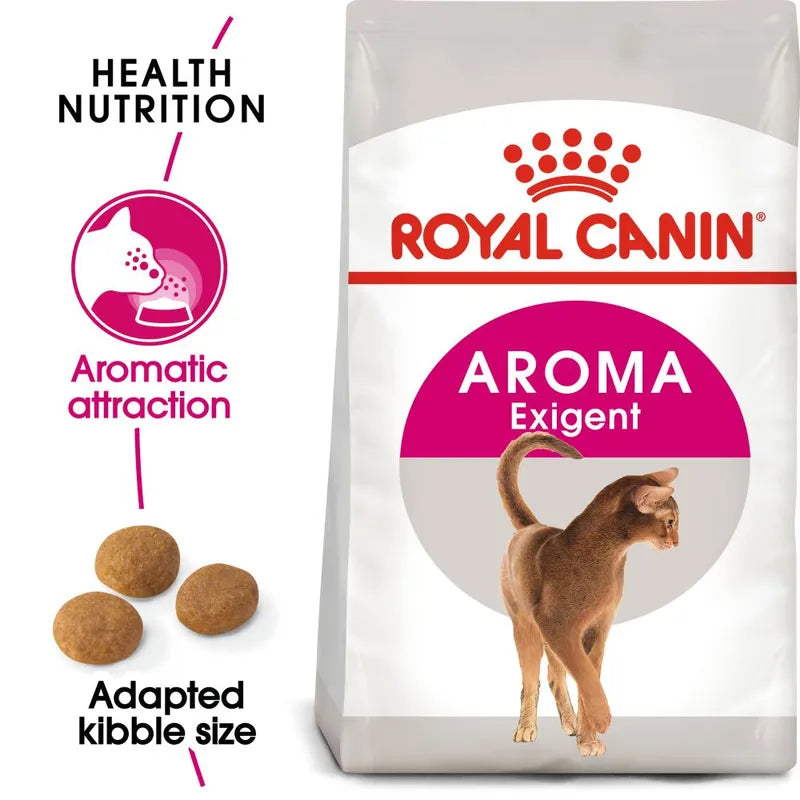 Royal Canin Aroma Exigent cat food bag with text highlighting features on a white background