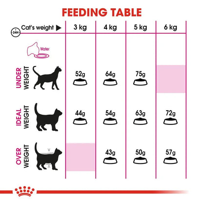Feeding table chart for cats with weight categories and recommended food amounts.