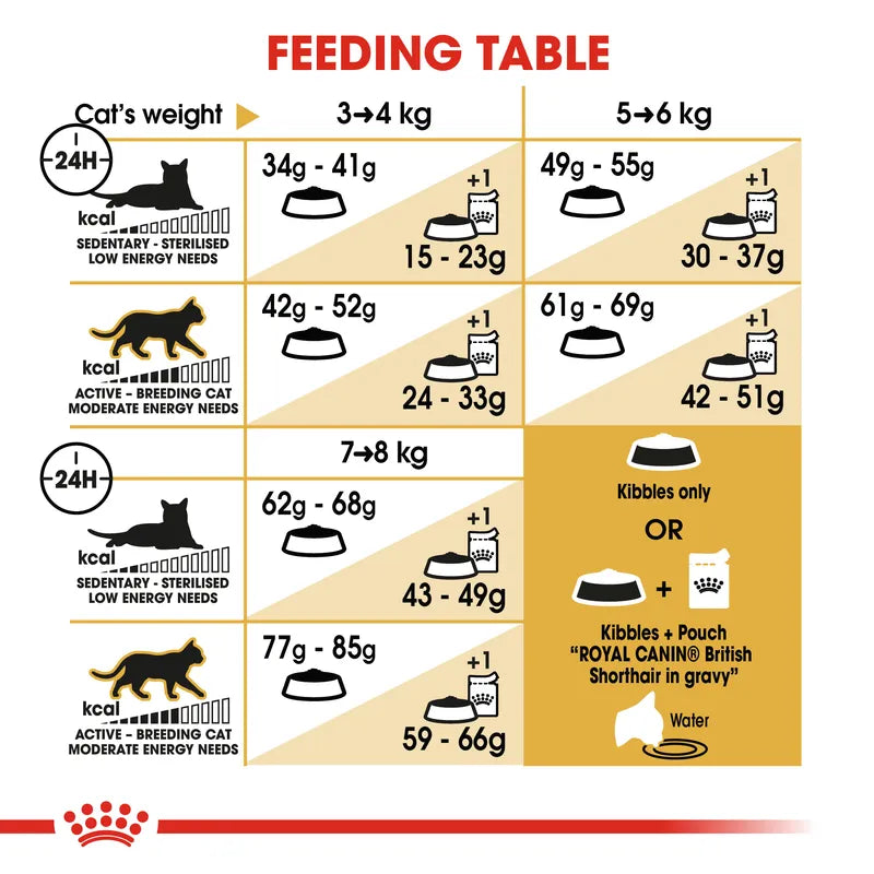 Feeding table chart for cats with weight ranges and food quantity recommendations.
