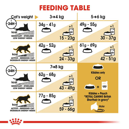 Feeding table chart for cats with weight ranges and food quantity recommendations.