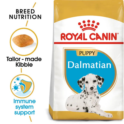 Royal Canin Dalmatian puppy food packaging with text and images of a Dalmatian dog.