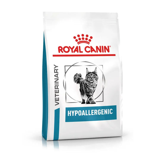 Royal Canin Veterinary Diet Hypoallergenic cat food package on a white background