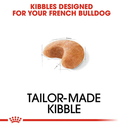 Dog food kibble designed for French Bulldogs with text on a white background