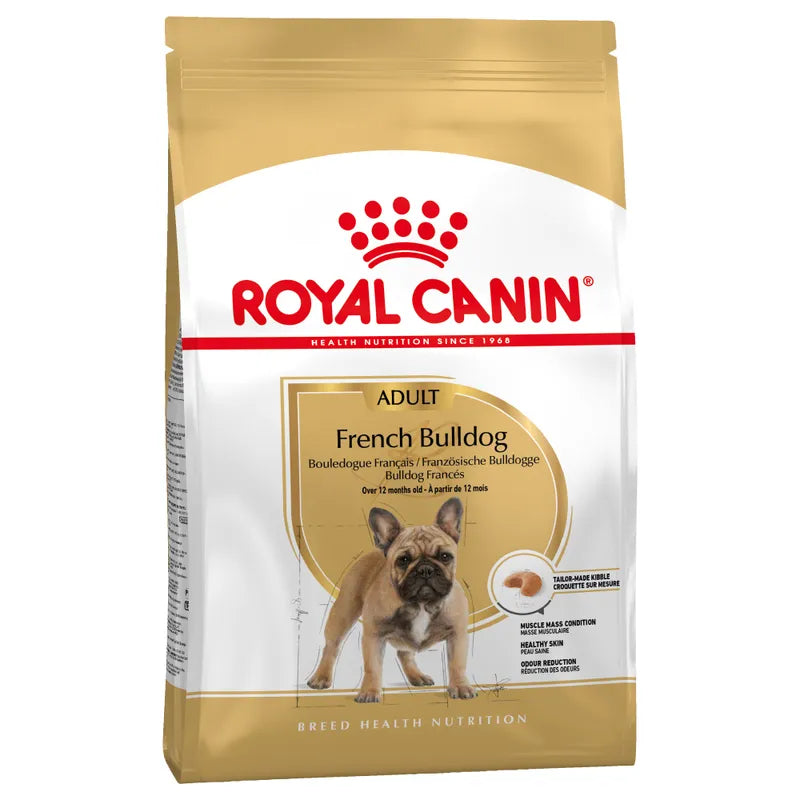 Royal Canin French Bulldog adult dog food packaging on a white background