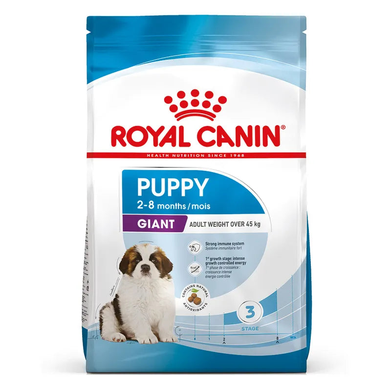 Royal Canin Giant Puppy dog food package on a white background