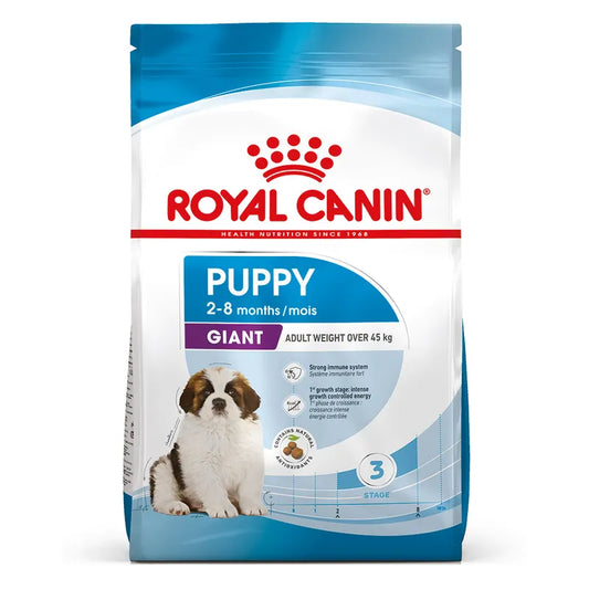 Royal Canin Giant Puppy dog food package on a white background
