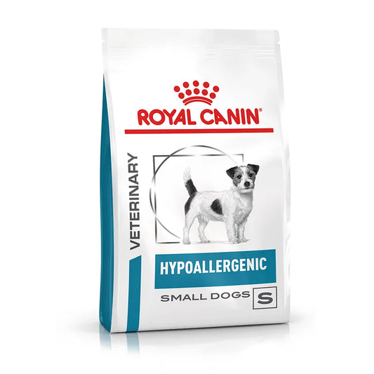 Royal Canin Veterinary Diet Hypoallergenic Small Dogs food bag on a white background