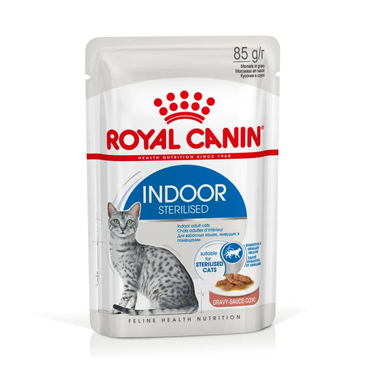 Royal Canin Indoor Sterilised cat food pouch on a white background