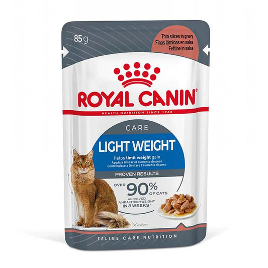 Royal Canin Light Weight Care cat food pouch on a white background