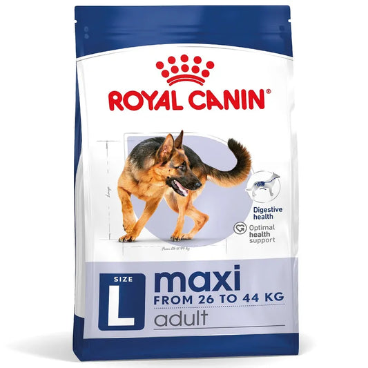 Royal Canin Maxi adult dog food packaging on a white background