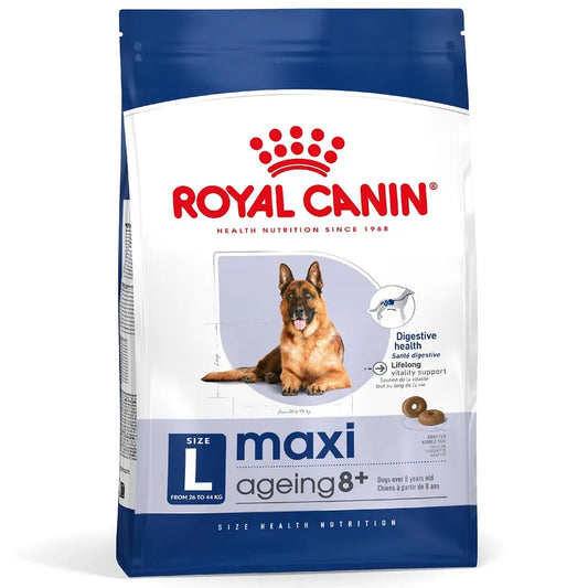Royal Canin Maxi Ageing 8+ dog food package on a white background