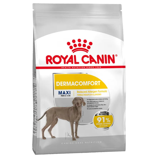Royal Canin DermaComfort Maxi dog food packaging on a white background