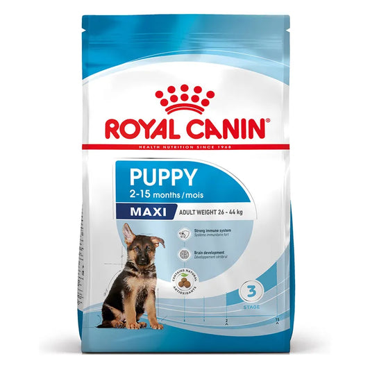 Royal Canin Maxi Puppy dog food packaging on a white background
