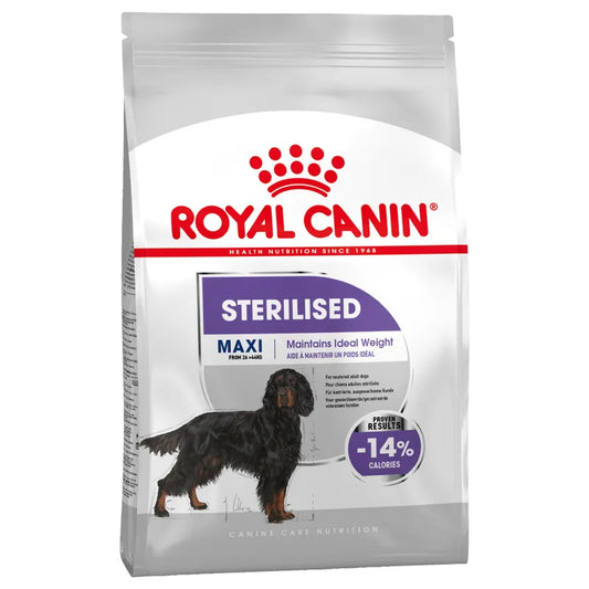 Royal Canin dog food package for sterilized dogs on a white background