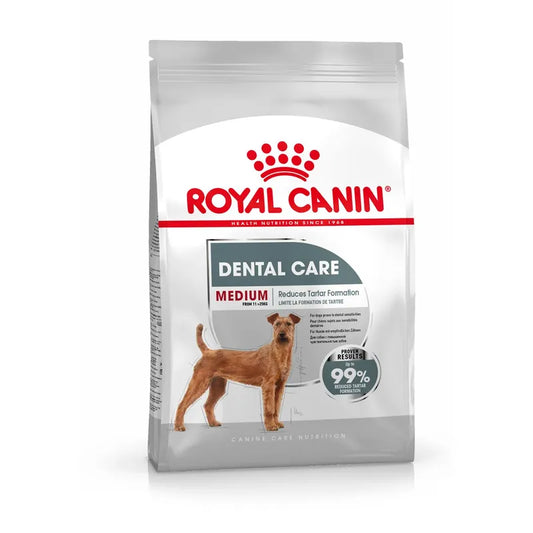 Royal Canin Dental Care Medium dog food packaging on a white background