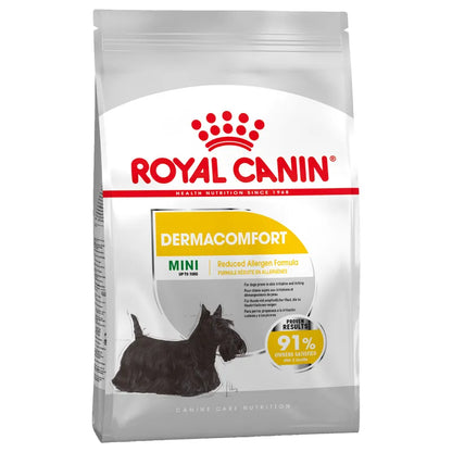 Royal Canin DermaComfort Mini dog food packaging on a white background