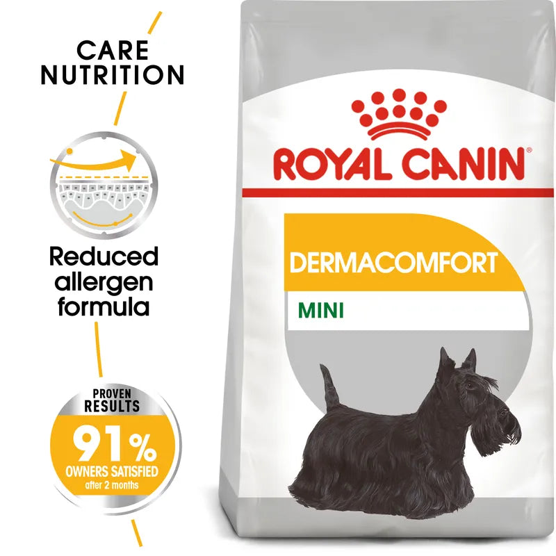 Royal Canin DermaComfort Mini dog food package on a white background