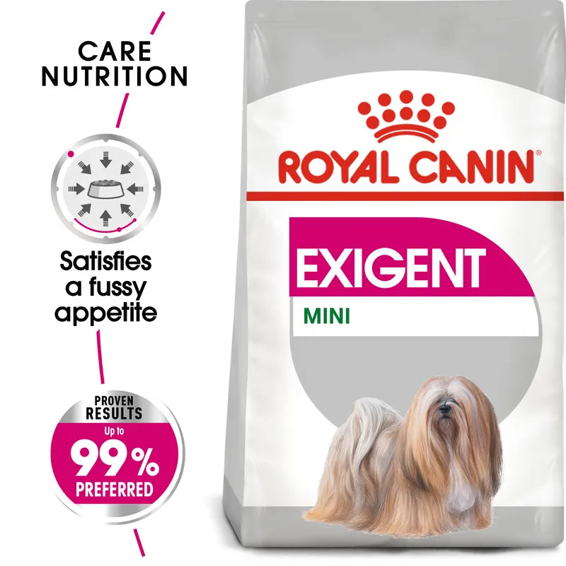 Royal Canin Exigent Mini dog food packaging with text and images on a white background
