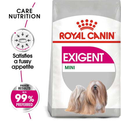 Royal Canin Exigent Mini dog food packaging with text and images on a white background