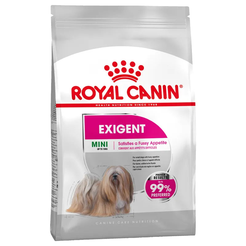 Royal Canin Exigent dog food package on a white background