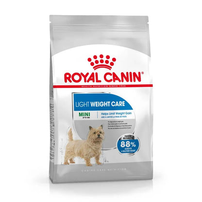 Royal Canin Light Weight Care dog food package on a white background