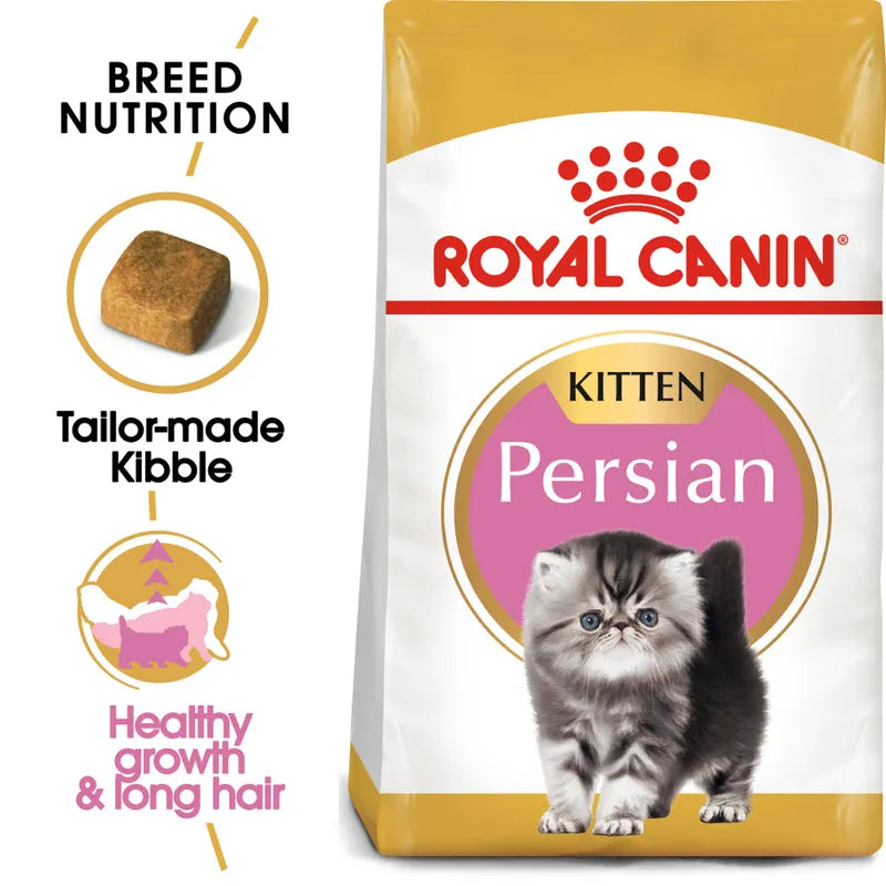 Royal Canin Persian kitten food packaging with text about breed nutrition.