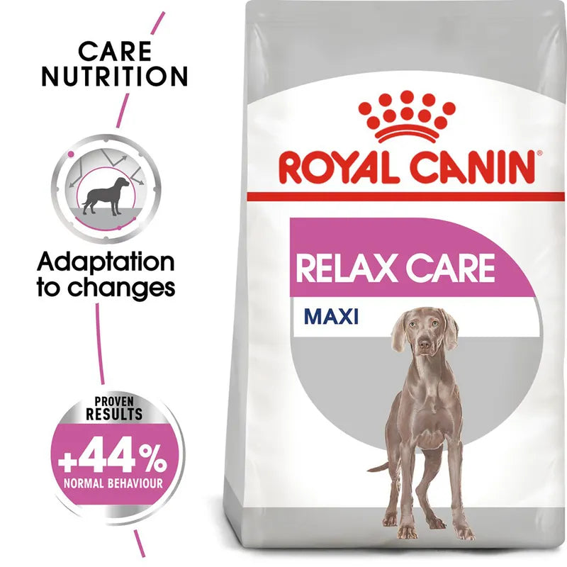 Royal Canin Relax Care Maxi dog food package on a white background