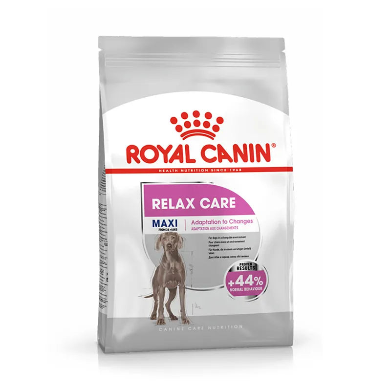 Royal Canin Relax Care Maxi dog food package on a white background