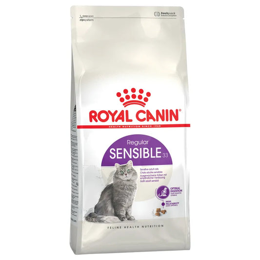Royal Canin Sensible cat food package on a white background