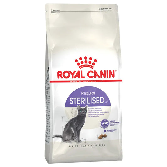 Royal Canin cat food package for sterilised cats on a white background