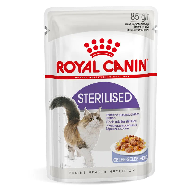 Royal Canin sterilised cat food pouch on a white background