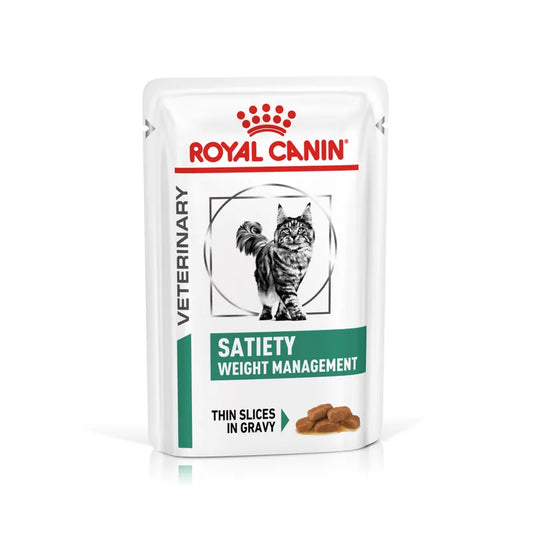 Royal Canin Veterinary Diet Satiety Weight Management cat food pouch on a white background