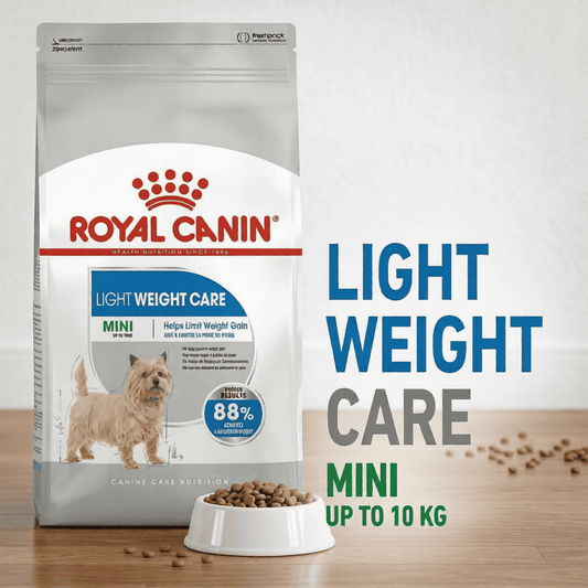 Royal Canin Light Weight Care dog food package on a wooden surface with a white background