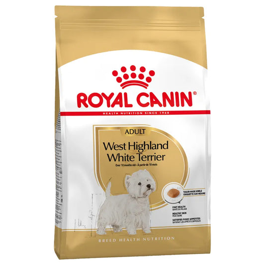 Royal Canin West Highland White Terrier dog food packaging on a white background