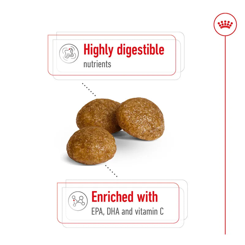 Three brown pet treats on a white background with text about highly digestible nutrients and enrichment with EPA, DHA, and vitamin C.