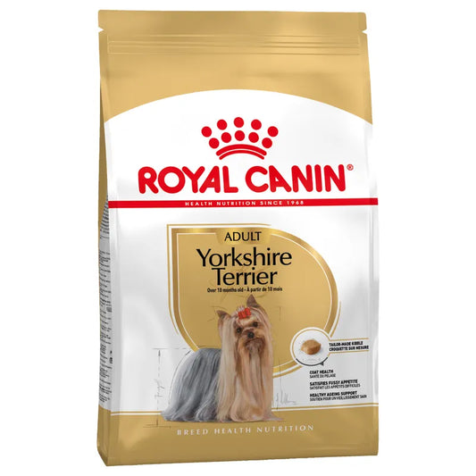 Royal Canin Yorkshire Terrier dog food package on a white background