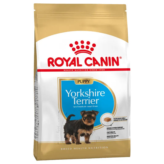 Royal Canin Yorkshire Terrier puppy food packaging on a white background