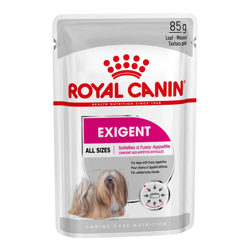 Royal Canin Exigent pet food pouch on a white background