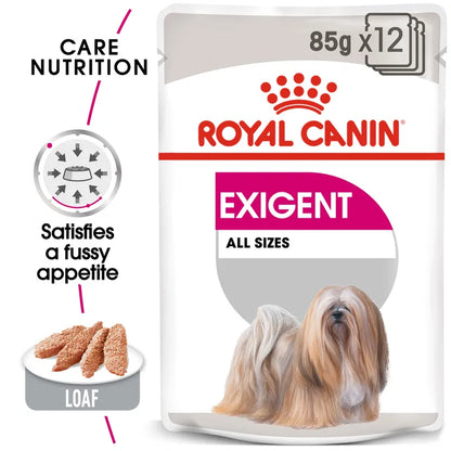 Royal Canin Exigent dog food package on a white background