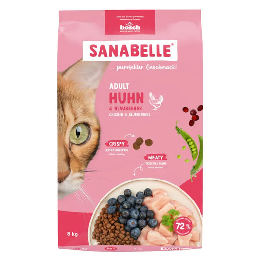 Sanabelle cat food package with a pink background featuring a cat and food items.